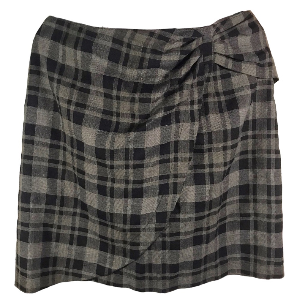 Dark academia army green and black plaid wool blend mini skirt faux wrap style